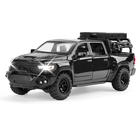 Pickup Truck Diecast Model Car For Kids One Thirty Second Scale With Sound And Light Kid Friendly Alloy Toy Truck Realistic Details And Collectible Quality Great Birthday Gift Or Model Collection Piece, featuring a black zinc alloy body with illuminated headlights.