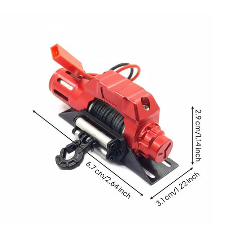 Awesome CNC Machined Metal Electric Winch For 1/10 Scale RC Truck Crawler Build With Durable Steel Cable And Hook, detailed view showing dimensions.