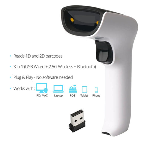 Wireless Portable 1D 2D Bluetooth Barcode Scanner 3 In 1 Cordless USB Handheld Scan Gun For Inventory QR Reader No Software Needed Vibration Alerts For Noisy Environments