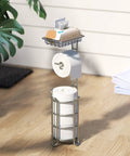 Free Standing Toilet Paper Holder With Extra Top Shelf For Phone And Wipes, Mega Roll Capacity, Durable Steel Silver Finish