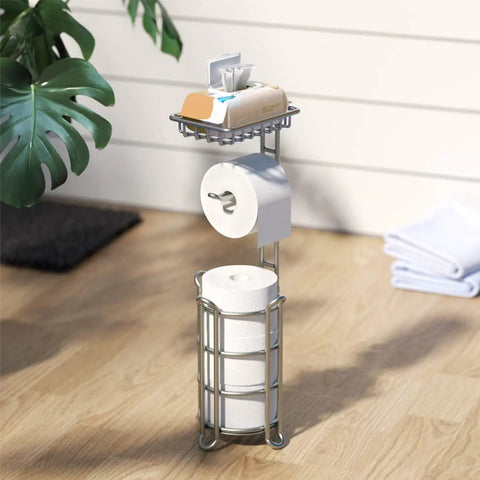 Free Standing Toilet Paper Holder With Extra Top Shelf For Phone And Wipes, Mega Roll Capacity, Durable Steel Silver Finish