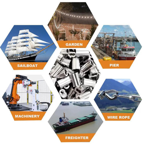 Heavy Duty Aluminum Crimping Loop Sleeves Set, 200 Pieces, 2.5mm Three Thirty Second Inch Cable Ferrules For Wire Rope And Cable, Corrosion Resistant, Durable And Easy Install, Perfect For DIY Projects And Quick Fixes. collage with sailboat, garden, pier, machinery, freighter, and wire rope uses