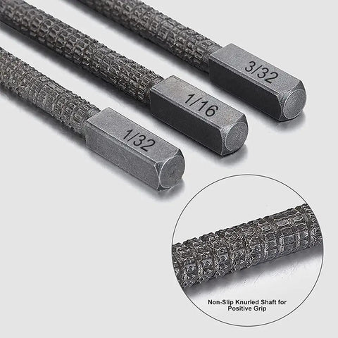Heavy Duty Nail Setter Punch And Center Punch Set With Three Swappable Tips showing hexagonal steel tips for precise marking.