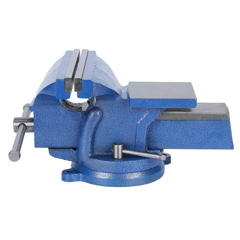 Heavy Duty 8 Inch Cast Iron Table Vice Vise With Forged Jaw Anvil Base, side view showing solid blue color and sturdy design.