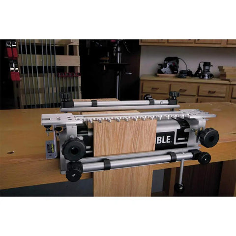 Dovetail Jig 12 Inch Kit with 4211 Template mounted on workbench for half blind dovetails, showcasing alignment lines and clamps.