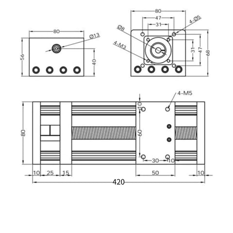 Heavy Duty Ball Screw Linear Stage With Nema 23 Stepper Motor, 300mm Stroke, CNC Linear Guide Rail, Precise 0.03mm Accuracy, 40 to 100mm Per Second Speed, 12mm Ball Screw, 4mm Lead, Handles 30 to 50 kg Horizontal, 15 kg Vertical, dimension drawing