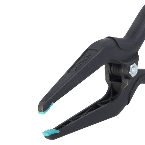 Two 60mm Pointed Spring Clamps With Soft Precision Jaws And Non Slip Brushed Handles For Tight Grips In Confined Spaces Around The Home And In Craft Projects. Close-up of one clamp