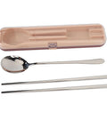 Stainless Steel Travel Utensils Set With Case, Portable Silverware Kit With Chopsticks And Spoon displayed next to beige case.