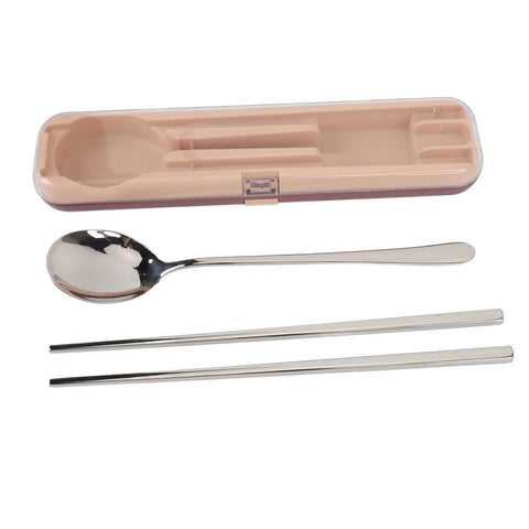 Stainless Steel Travel Utensils Set With Case, Portable Silverware Kit With Chopsticks And Spoon displayed next to beige case.