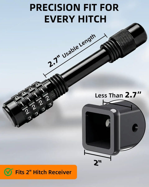 Keyless Trailer Hitch Lock For Two Inch Receivers Five Eighths Inch Pin with 2.7 inch usable length diagram shown