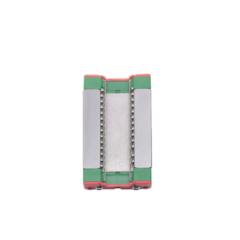 Close-up of Pro Grade MGN12H 550mm Linear Guide Rail slide block with chrome-plated surface, aluminum material visible.