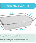 Disposable Aluminum Pans With Lids 50 Pack, 8.5 By 6 Inch Top, 6.5 By 4.5 Inch Bottom, 2.25 Lb Capacity, side view with measurements