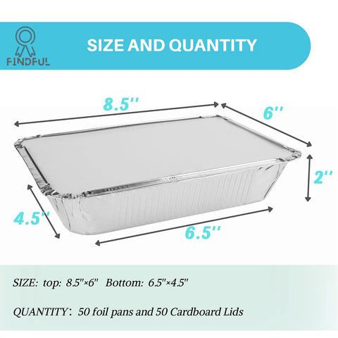 Disposable Aluminum Pans With Lids 50 Pack, 8.5 By 6 Inch Top, 6.5 By 4.5 Inch Bottom, 2.25 Lb Capacity, side view with measurements