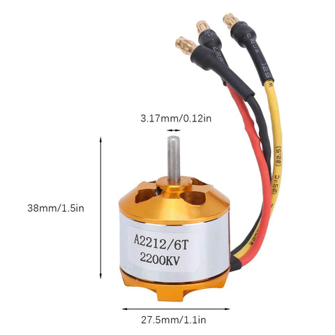 Close-up of 2212 KV2200 brushless motor from RC Plane Motor Kit with measurements labeled, gold and silver finish