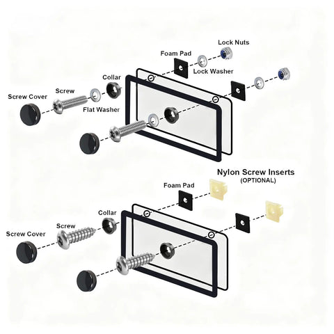 Diagram of Anti Theft License Plate Screws Kit With Center Thimble Security For Cars Trucks And Motorcycles No Cap Rustproof Stainless Steel M6 1/4 Inch Bolts With Caps Front And Rear Mounting Hardware Karuzka 3rd Gen Upgraded showing assembly components.