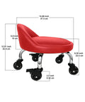 Red Rolling Stool With Backrest 450 Lbs Weight Capacity PU Leather Seat with Crystal Wheels, Side View and Dimensions