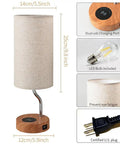 Upgraded Smart Bedside Table Lamp With Wireless Charger And USB Port For Bedroom And Living Room Touch Control LED Desk Lamp Dimmable Wooden Nightstand Light With Fabric Shade In Cream, showing dimensions and features.
