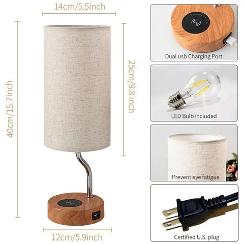 Upgraded Smart Bedside Table Lamp With Wireless Charger And USB Port For Bedroom And Living Room Touch Control LED Desk Lamp Dimmable Wooden Nightstand Light With Fabric Shade In Cream, showing dimensions and features.