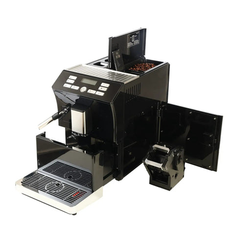 Skip The Line Top Tier Automatic Espresso Machine With Built In Bevel Gear Grinder And Fast Heating For Pulling Smooth Cafe Style Drinks Featuring One Touch Operation And 15 Bar Pump in sleek black design with visible coffee bean hopper.