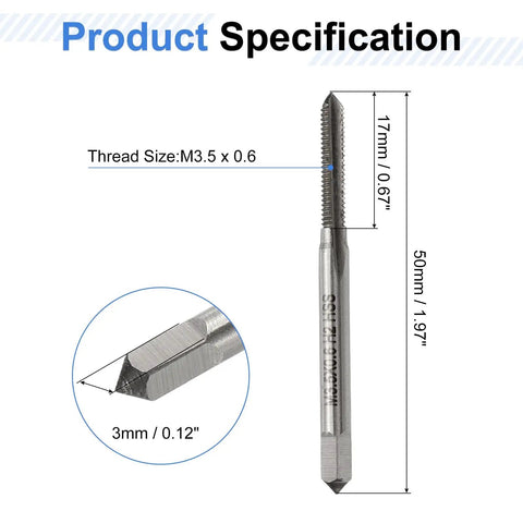 Top Shelf 3 Piece Hand Tap Set Featuring M3.5 X 0.6 Metric Thread Sizes with tapered design for precise threading tasks.