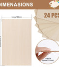 Pro Level Basswood Sheets 24 Pack 4X6X1/16 Inch Unfinished Wood dimensions displayed, showing 4x6 size and thickness for laser cutting.