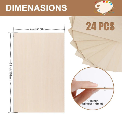 Pro Level Basswood Sheets 24 Pack 4X6X1/16 Inch Unfinished Wood dimensions displayed, showing 4x6 size and thickness for laser cutting.