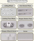 Upgrade Your Setup With This Heavy Duty Sliding Door Hardware Kit Featuring A Super Smooth Six Wheel Barn Track Top Hung Rail For Bedrooms Sheds And Garages Rolling Like Butter Handles 300 Pounds No Sweat Install Silver Aluminum showing installation accessories including lifting wheels, iron groove pieces, and screws.