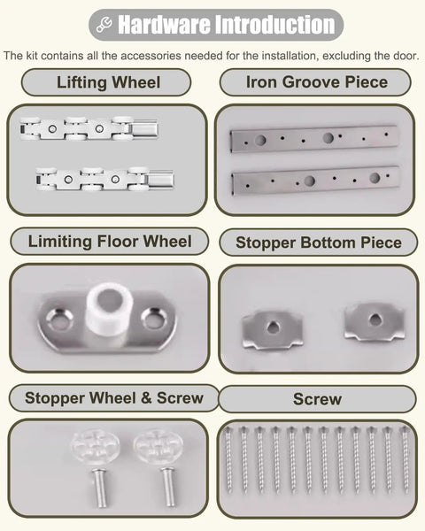 Upgrade Your Setup With This Heavy Duty Sliding Door Hardware Kit Featuring A Super Smooth Six Wheel Barn Track Top Hung Rail For Bedrooms Sheds And Garages Rolling Like Butter Handles 300 Pounds No Sweat Install Silver Aluminum showing installation accessories including lifting wheels, iron groove pieces, and screws.