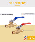 Half Inch PEX Expansion Ball Valve Kit 10 Pack Brass Shut Off Valves F1960 PEX A, red hot and blue cold valves displayed