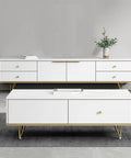 Solid As A Rock Premium Gold Hairpin Desk Legs 4 Pack Heavy Duty Steel Furniture Feet Replacement For Couches Side Tables And Cabinets 250mm Tall No Sweat Install on a modern white cabinet.
