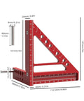 Pro Grade Square Scribing Ruler with rust resistant aluminum, burr free edges, five angle presets, metric dimensions shown.