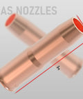 Close-up of golden gas nozzles, dimensions 3" x 1/2", for Pro Grade MIG Welding Gun Kit 0.035 Inch Tip Nozzle Diffuser Adapter.