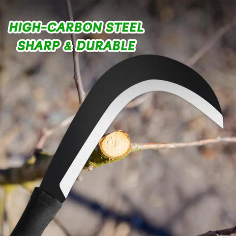Close-up of Tough As Nails Sickle Machete for yard work with carbon steel blade, cutting a branch, 14 inch short machete.