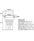 Technical drawing of Red Green Dual Color Indicator Light 24 Volt Dual Power, showing 22mm panel mount size and dimensions.