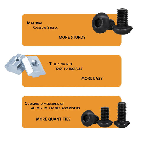 All In One M5 T Nut Screw Kit For 2020 Aluminum Extrusion System With 150 Sliding T Nuts 50 M5 X 8 Screws 50 M5 X 10 Screws 50 M5 X 12 Screws And 1 Wrench For Quick No Fuss 2020 V Slot Assembly showing carbon steel materials