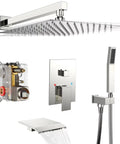 Rain Shower System With 10 Inch Wall Mount Faucet Waterfall Bathtub Spout Handheld Spray Rough In Valve And Trim Kit Chrome Polished High Pressure Water Saving Bath Shower Set For Luxury Homes, showing all components.
