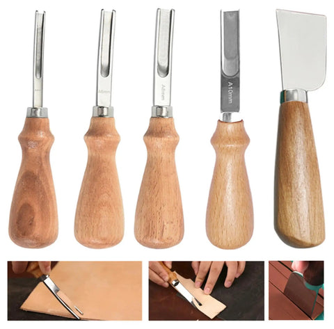 Pro Grade Leather Edge Skiving Beveler Set With Wooden Handle, Wide Mouth Leathercraft Edger, Includes 4mm 6mm 8mm 10mm Blades