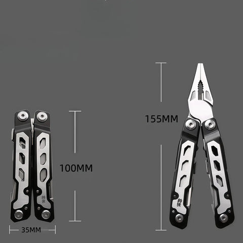 Sixteen-In-One 420 Stainless Steel Multitool Pliers with measurements showing closed and open sizes on gray background.