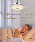 Sleeping child under Retractable 42 Inch Ceiling Fan With Light And Bluetooth Speaker showing low noise levels beside sound chart.