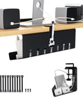 Heavy Duty Under Desk Cable Management Tray With No Drill C Clamp And Screw Mount 17 Inch Metal Cord Organizer shown under desk with cables