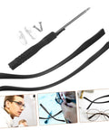 Replacement Eyeglass Arms Durable Temple Legs For Quick Eyewear Repair Kit Easy To Install Comfortable Fit And Stylish Design For A Fast Glasses Fix At Home. Components include black temple legs, nose pads, screws, and a screwdriver.