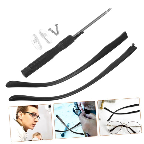Replacement Eyeglass Arms Durable Temple Legs For Quick Eyewear Repair Kit Easy To Install Comfortable Fit And Stylish Design For A Fast Glasses Fix At Home. Components include black temple legs, nose pads, screws, and a screwdriver.