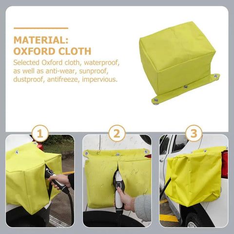 Universal EV Charger Rain Cover With Waterproof Port Shield For Electric Vehicles Outdoor Charging Accessory shown mounted on vehicle.