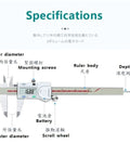 Digital Caliper 0.01mm, Stainless Steel, 0-150/200/300mm with detailed specifications view including inner diameter and scroll wheel.