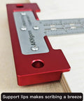 Close-up of Heavy Duty Scriber T Square Ruler With Support Lips And Built In Scribe Notches crafted from stainless steel, showing support lips.