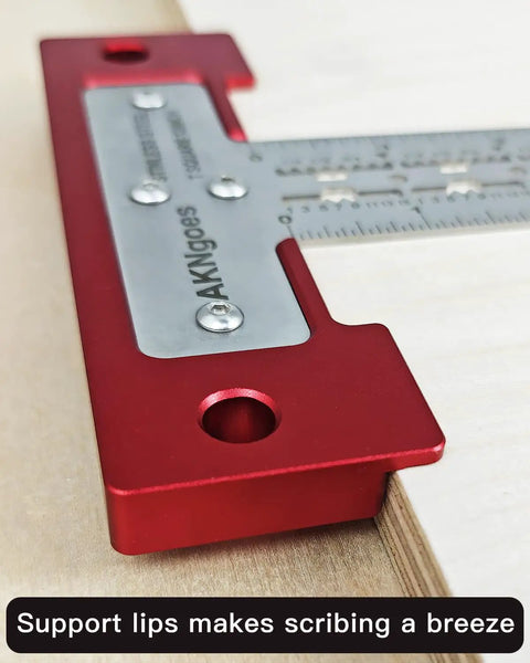Close-up of Heavy Duty Scriber T Square Ruler With Support Lips And Built In Scribe Notches crafted from stainless steel, showing support lips.
