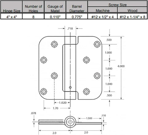 Technical diagram of a Commercial Grade Heavy Duty Spring Hinge 4x4 with Five Eighths Radius UL Listed Oil Rubbed Bronze Finish Two Pack