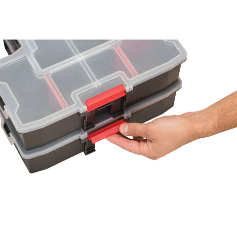 Hand locking a 14 Compartment Storage Organizer With Removable Dividers For Customizable Small Parts And Tools Stackable With Side Latches And Interlocking Lid