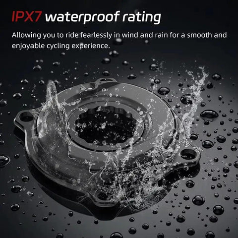Dual Sided Cycling Power Meter For 110 BCD 4 Bolt Cranks With Easton Interface Cadence And Left Right Power Readouts BLE And ANT Plus Compatible Lightweight High Precision Meter For Road Bikes showing IPX7 waterproof rating with water splashes