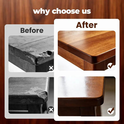 Comparison of furniture before and after using All In One Wood Repair Kit For Furniture Floors And Doors Scratch Remover And Color Restorer.